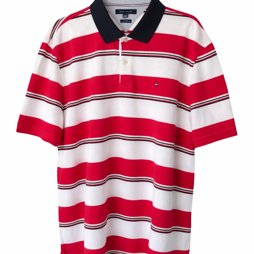Tommy Hilfiger Custom Fit Striped Polo Shirt Pink White Navy Men’s XL